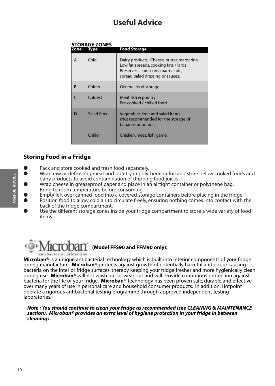 Useful advice, Storing food in a fridge | Hotpoint FFA90 User Manual | Page 10 / 24