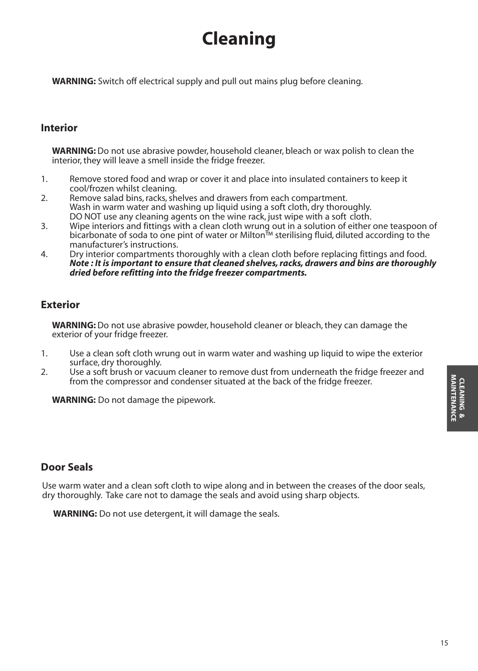 Cleaning | Hotpoint FFA90 User Manual | Page 15 / 24