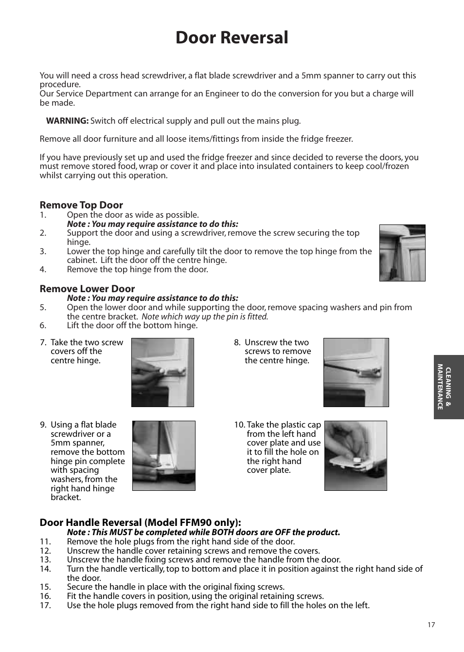 Door reversal | Hotpoint FFA90 User Manual | Page 17 / 24