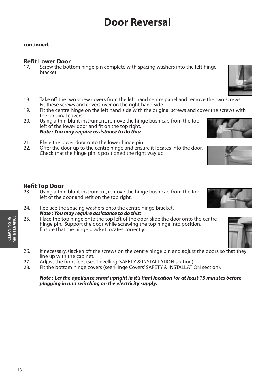 Door reversal | Hotpoint FFA90 User Manual | Page 18 / 24