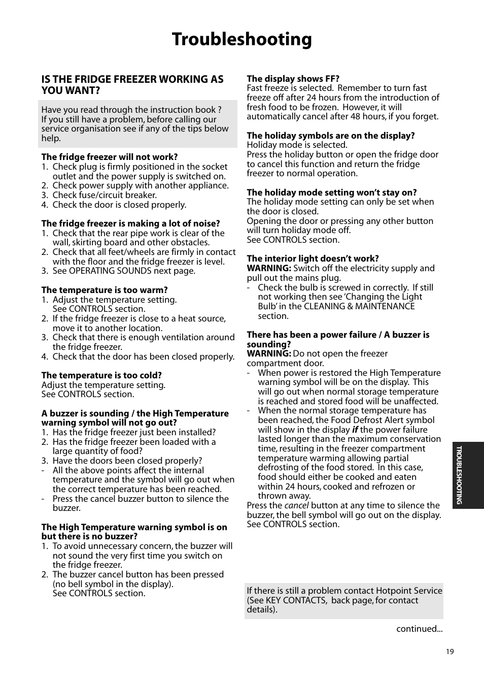 Troubleshooting | Hotpoint FFA90 User Manual | Page 19 / 24