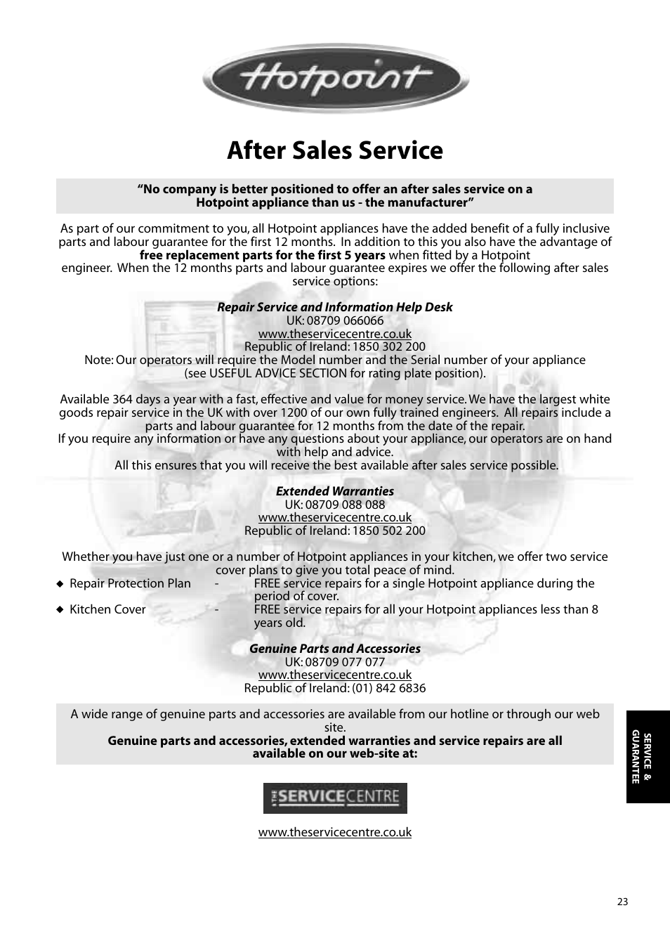 After sales service | Hotpoint FFA90 User Manual | Page 23 / 24