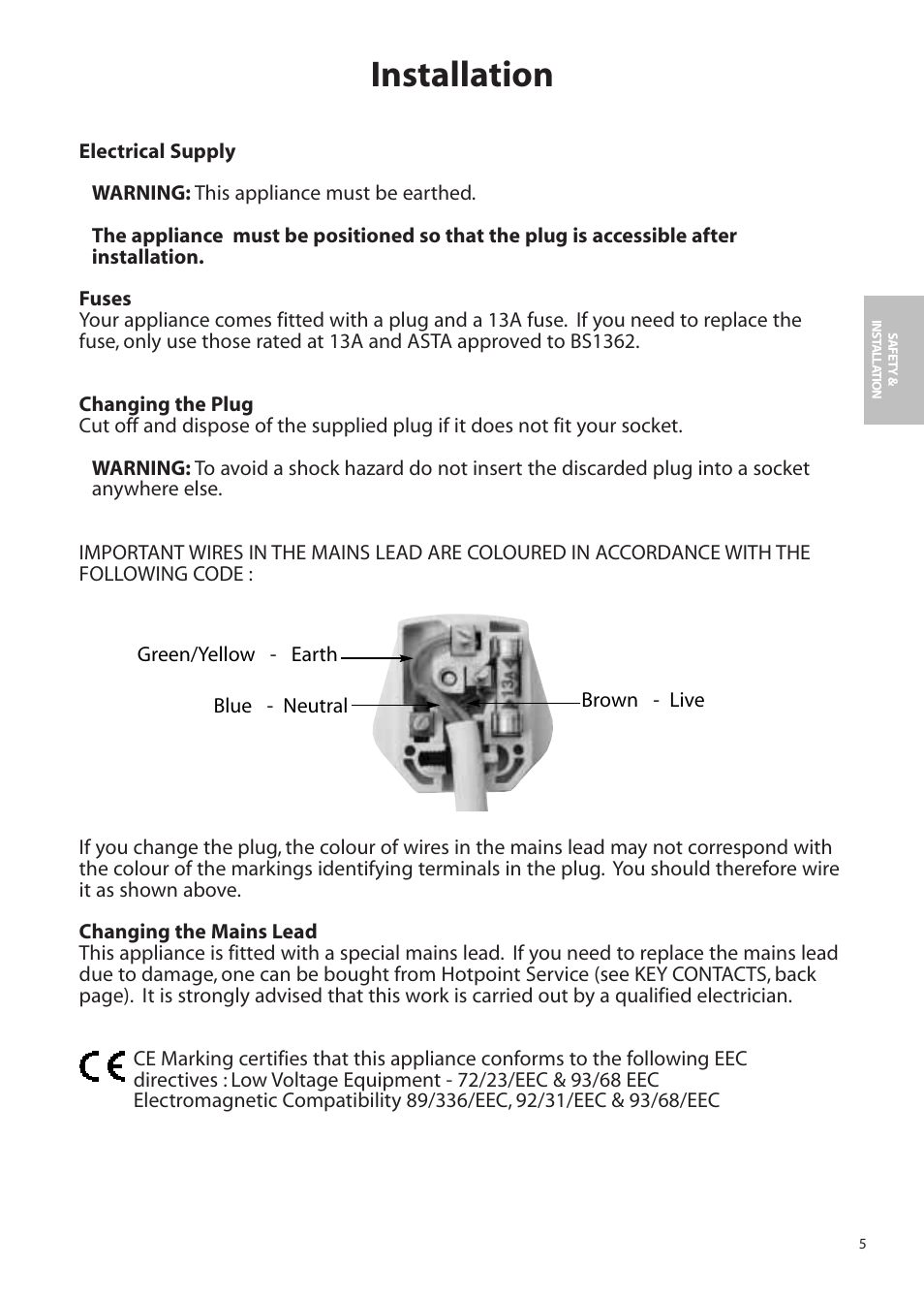 Installation | Hotpoint FFA90 User Manual | Page 5 / 24