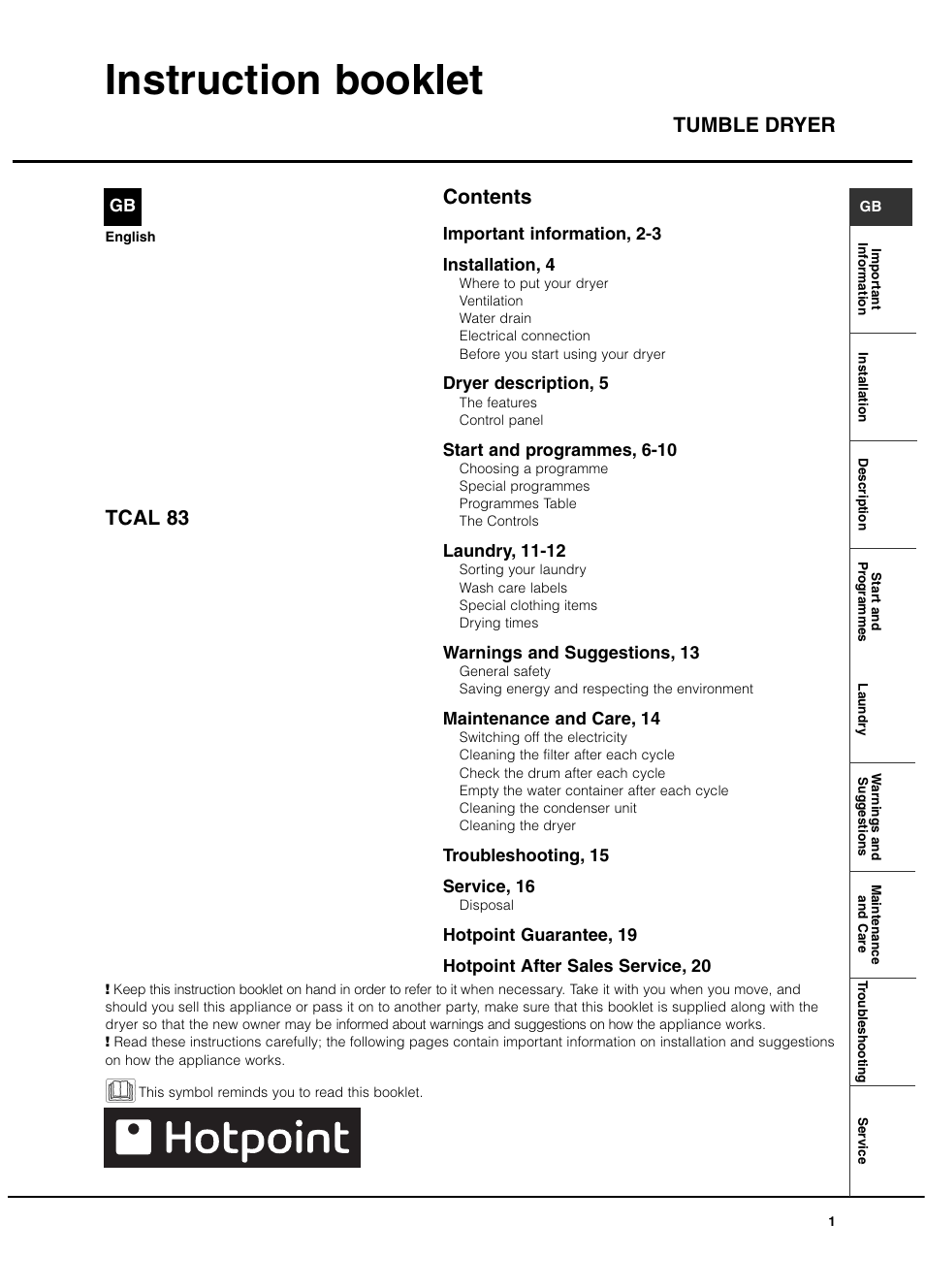 Hotpoint TCAL User Manual | 20 pages