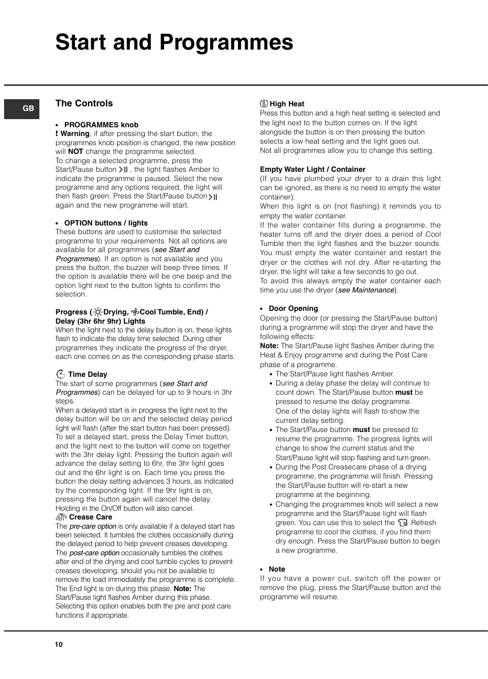 Start and programmes, The controls | Hotpoint TCAL User Manual | Page 10 / 20