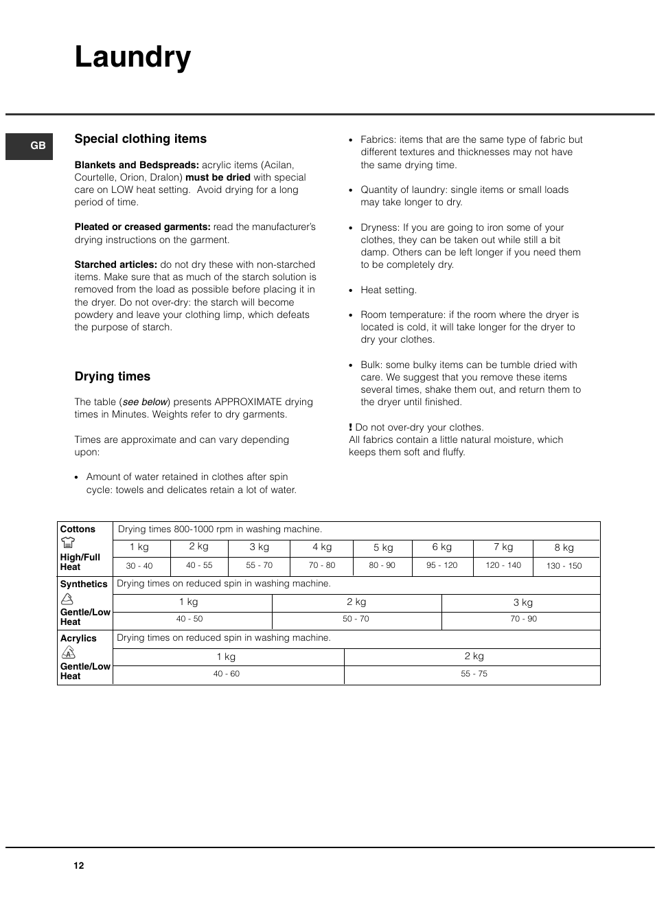 Laundry, Special clothing items, Drying times | Hotpoint TCAL User Manual | Page 12 / 20