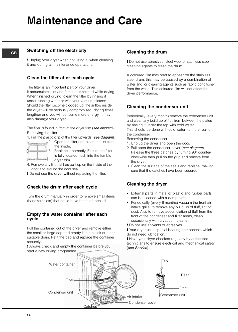 Maintenance and care | Hotpoint TCAL User Manual | Page 14 / 20