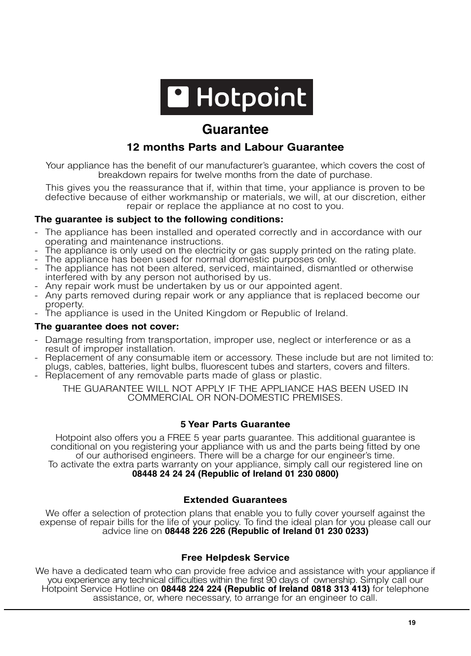 Guarantee | Hotpoint TCAL User Manual | Page 19 / 20