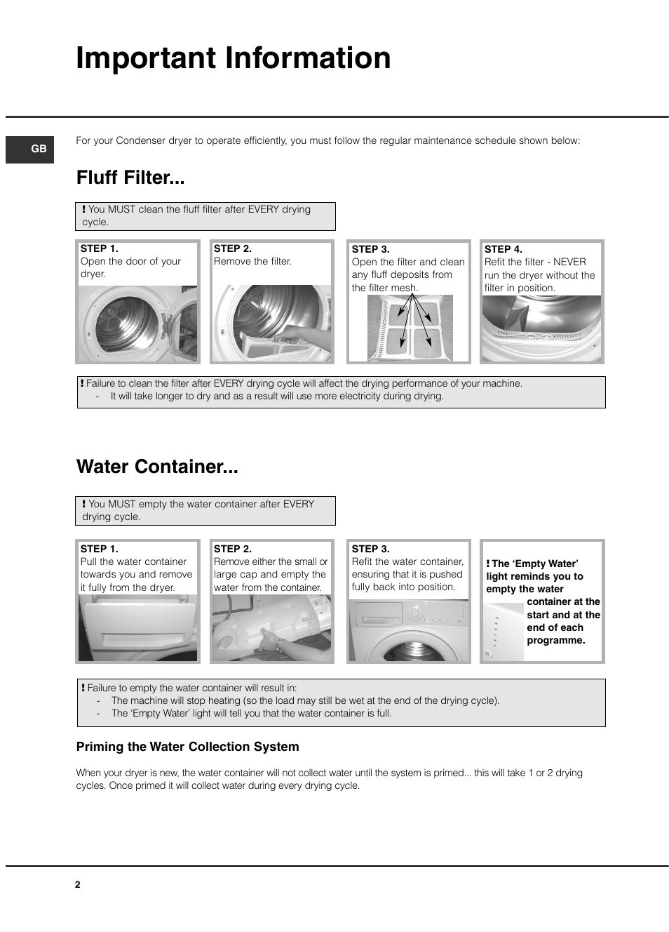 Important information, Fluff filter, Water container | Hotpoint TCAL User Manual | Page 2 / 20