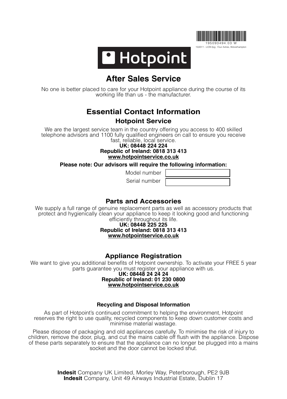 After sales service, Essential contact information | Hotpoint TCAL User Manual | Page 20 / 20