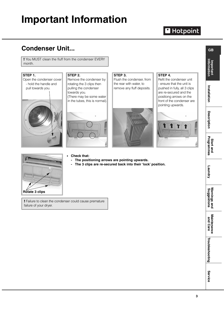 Important information, Condenser unit | Hotpoint TCAL User Manual | Page 3 / 20
