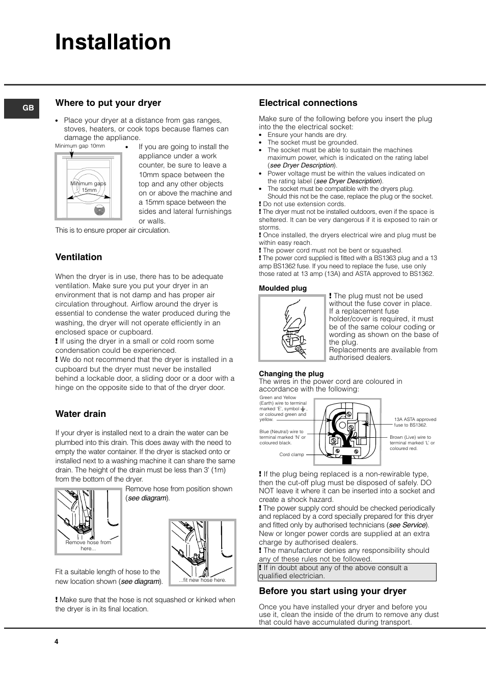 Installation, Before you start using your dryer, Where to put your dryer | Ventilation, Water drain, Electrical connections | Hotpoint TCAL User Manual | Page 4 / 20