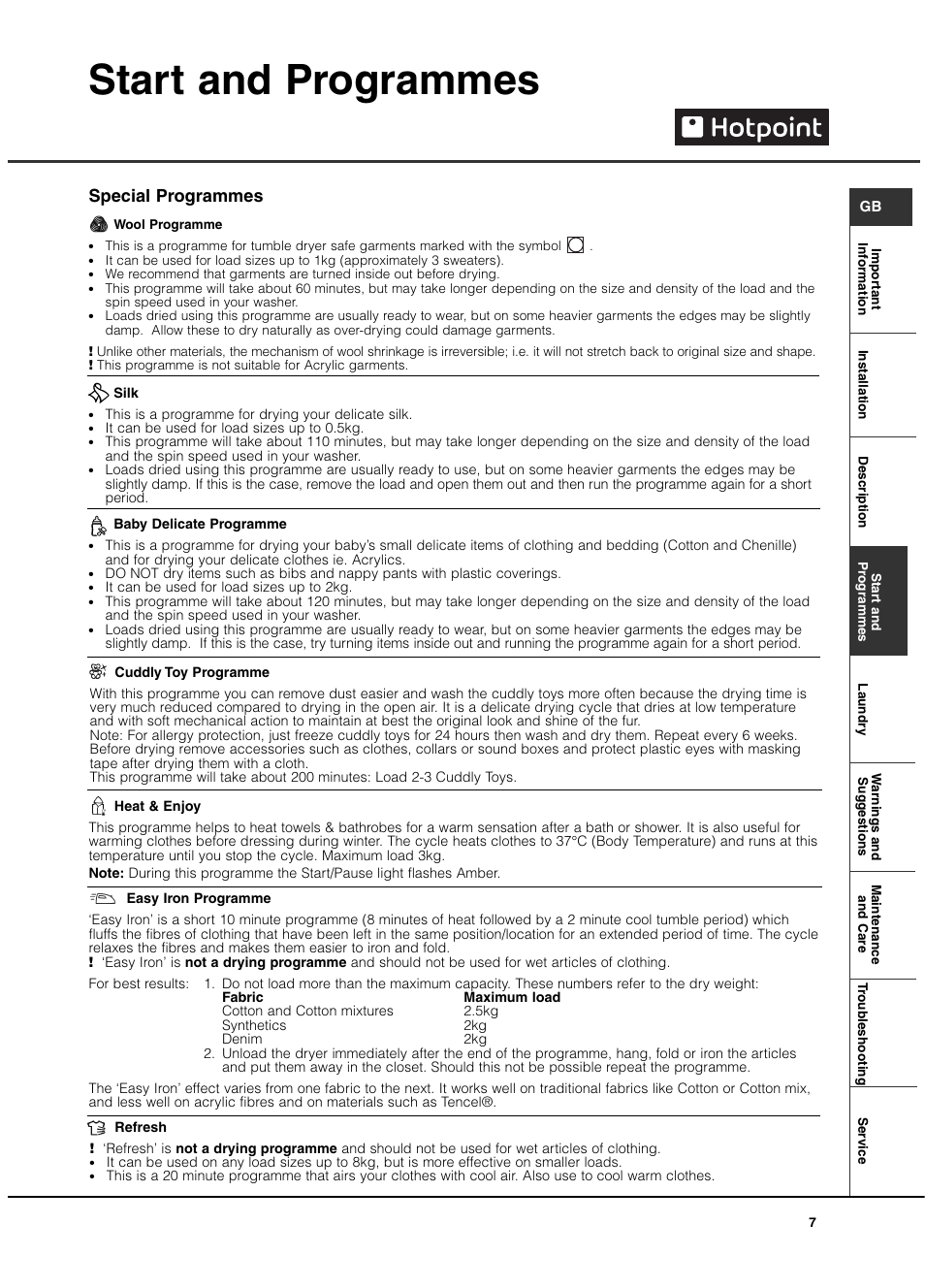 Start and programmes, Special programmes | Hotpoint TCAL User Manual | Page 7 / 20