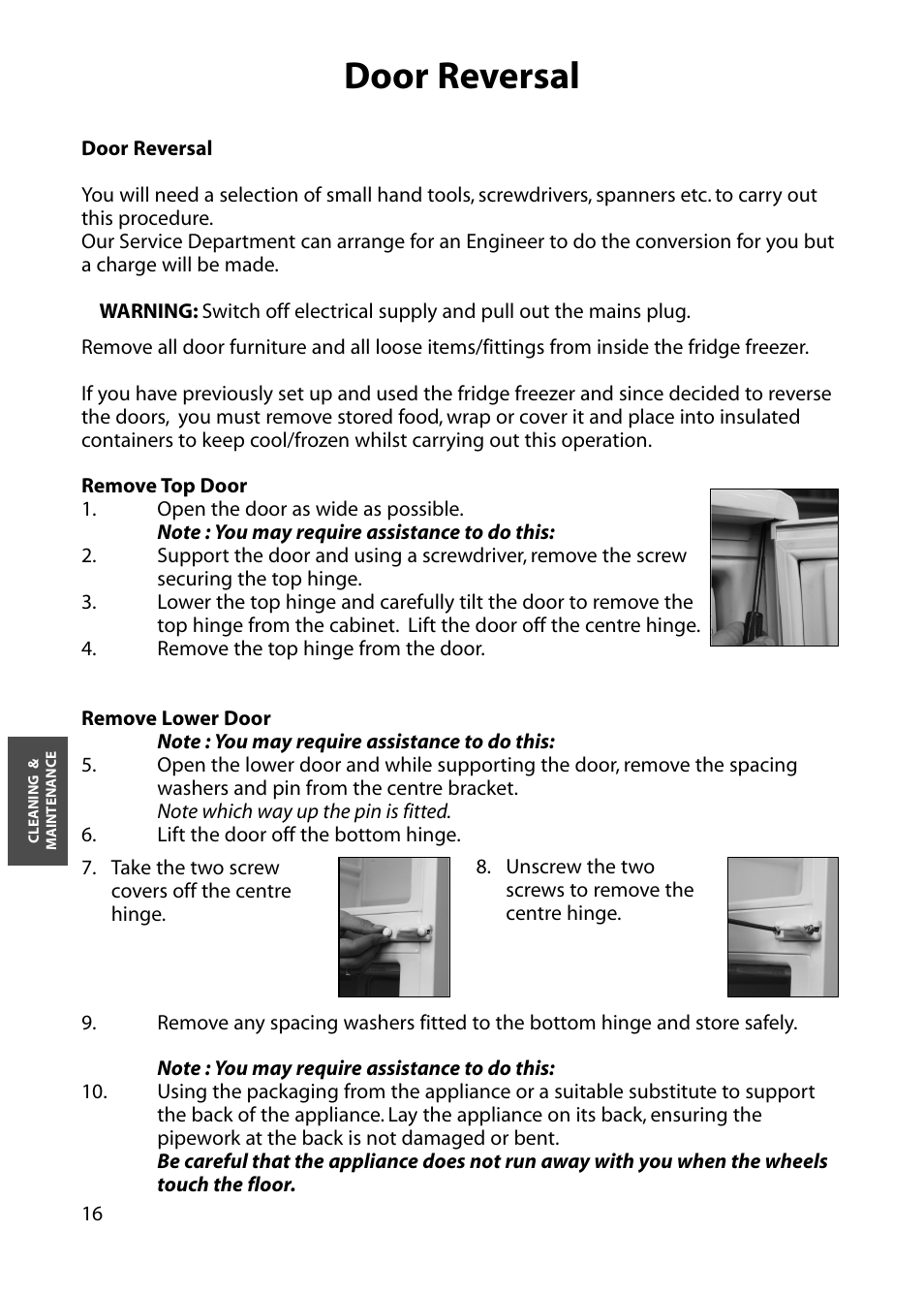 Door reversal | Hotpoint RFM17 User Manual | Page 16 / 24