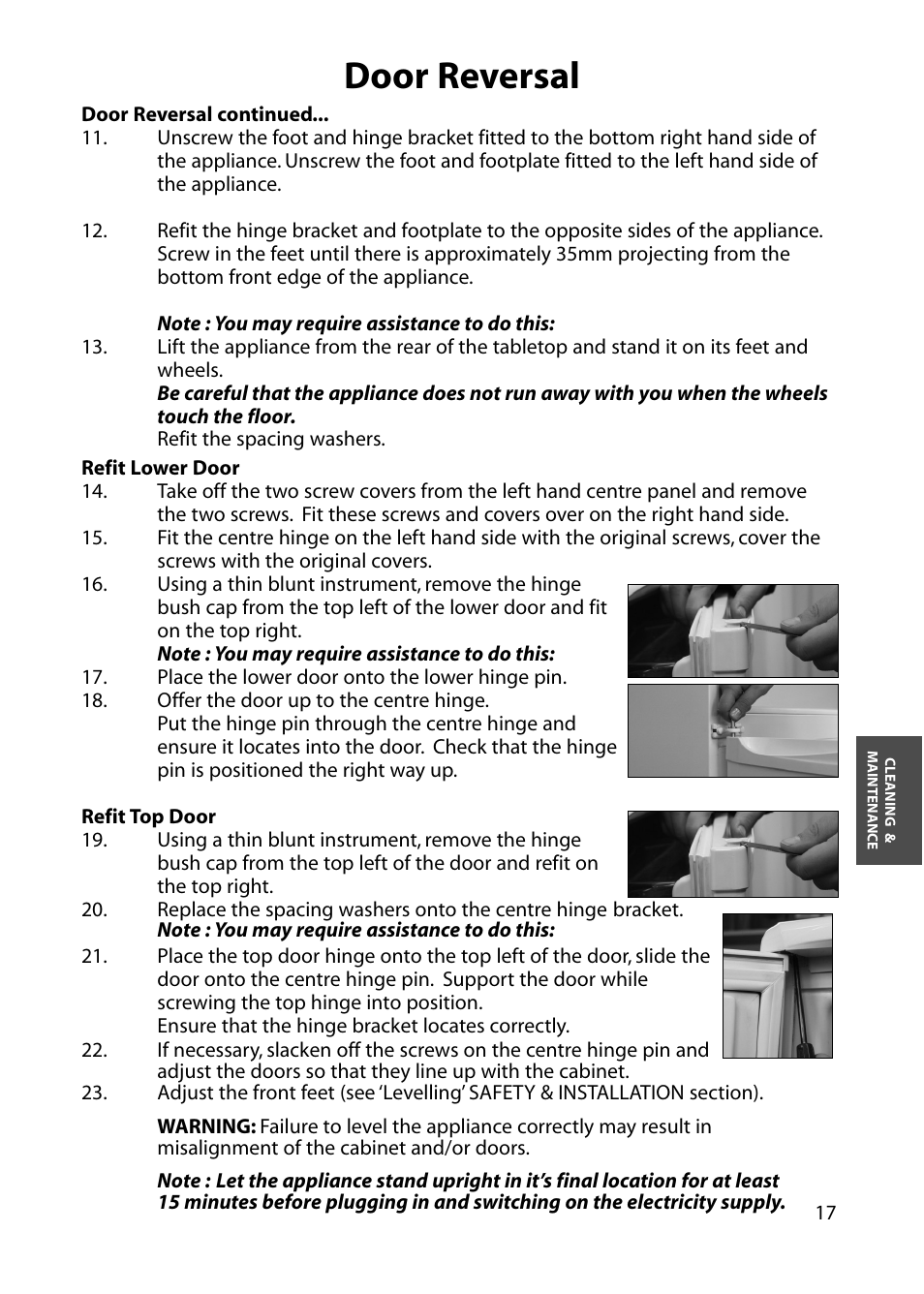 Door reversal | Hotpoint RFM17 User Manual | Page 17 / 24