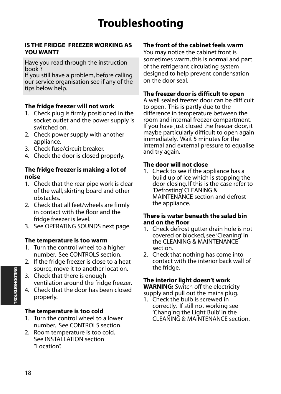 Troubleshooting | Hotpoint RFM17 User Manual | Page 18 / 24