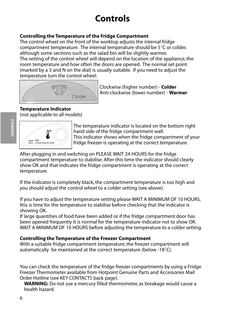 Controls | Hotpoint RFM17 User Manual | Page 6 / 24