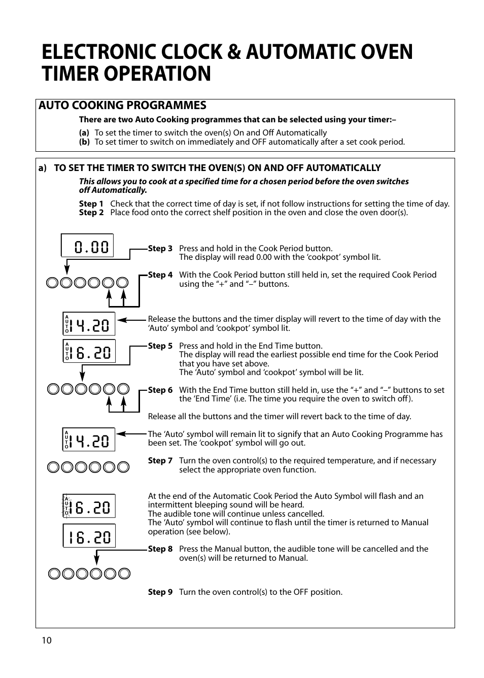 Electronic clock & automatic oven timer operation, Auto cooking programmes | Hotpoint S230G DY230G User Manual | Page 10 / 36