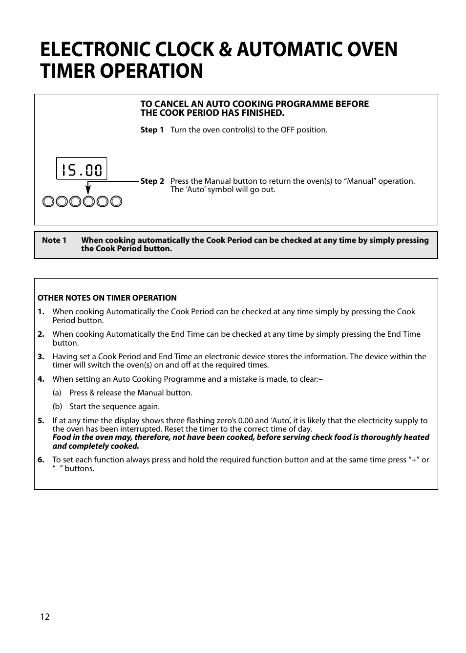 Electronic clock & automatic oven timer operation | Hotpoint S230G DY230G User Manual | Page 12 / 36