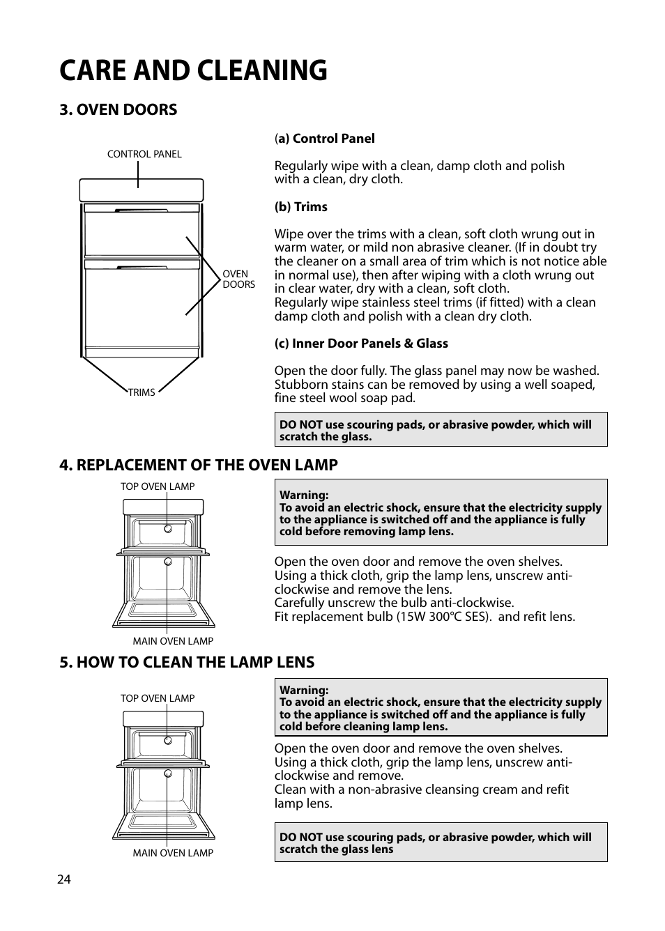 Care and cleaning, Oven doors, Replacement of the oven lamp | How to clean the lamp lens | Hotpoint S230G DY230G User Manual | Page 24 / 36