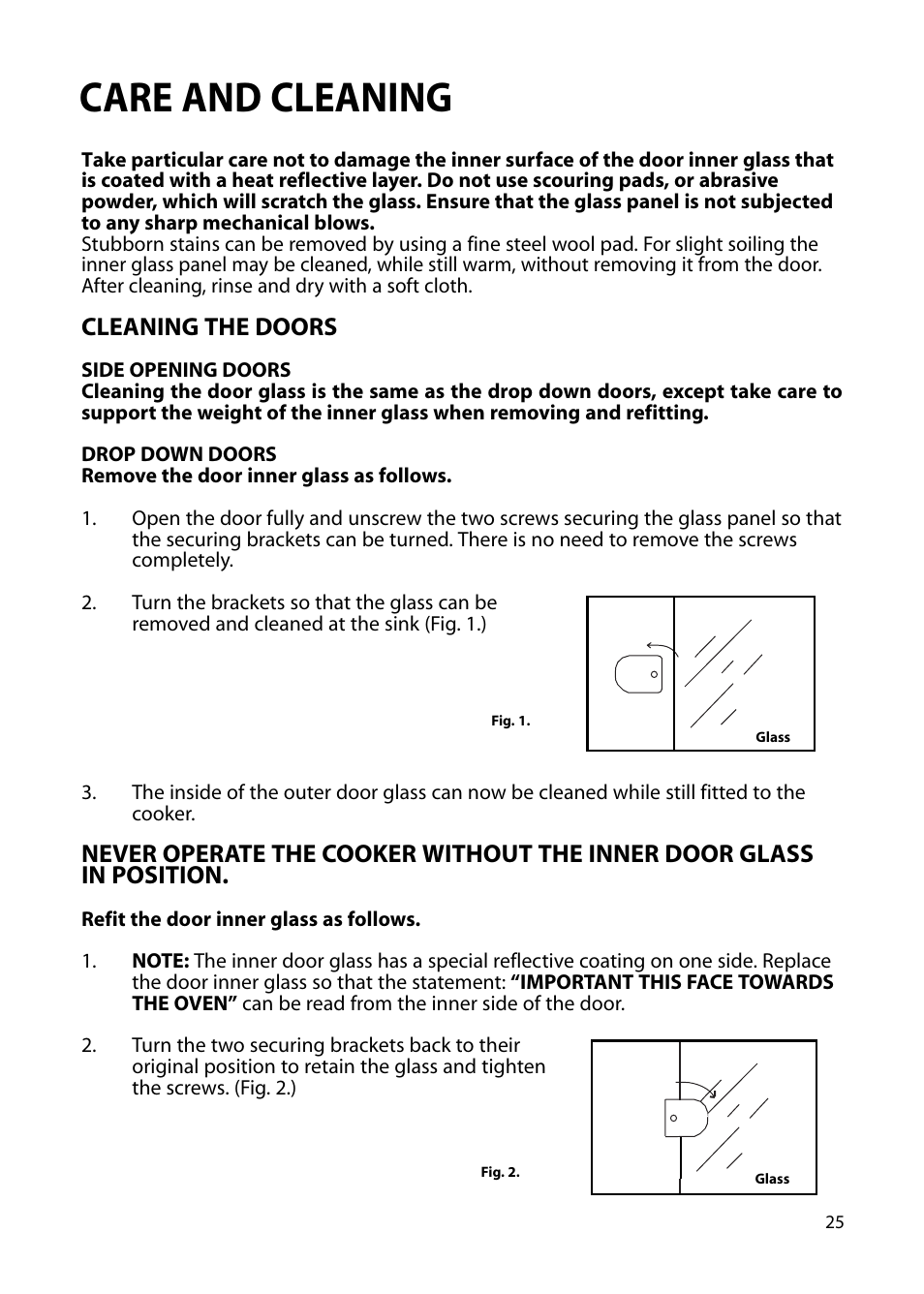 Care and cleaning, Cleaning the doors | Hotpoint S230G DY230G User Manual | Page 25 / 36