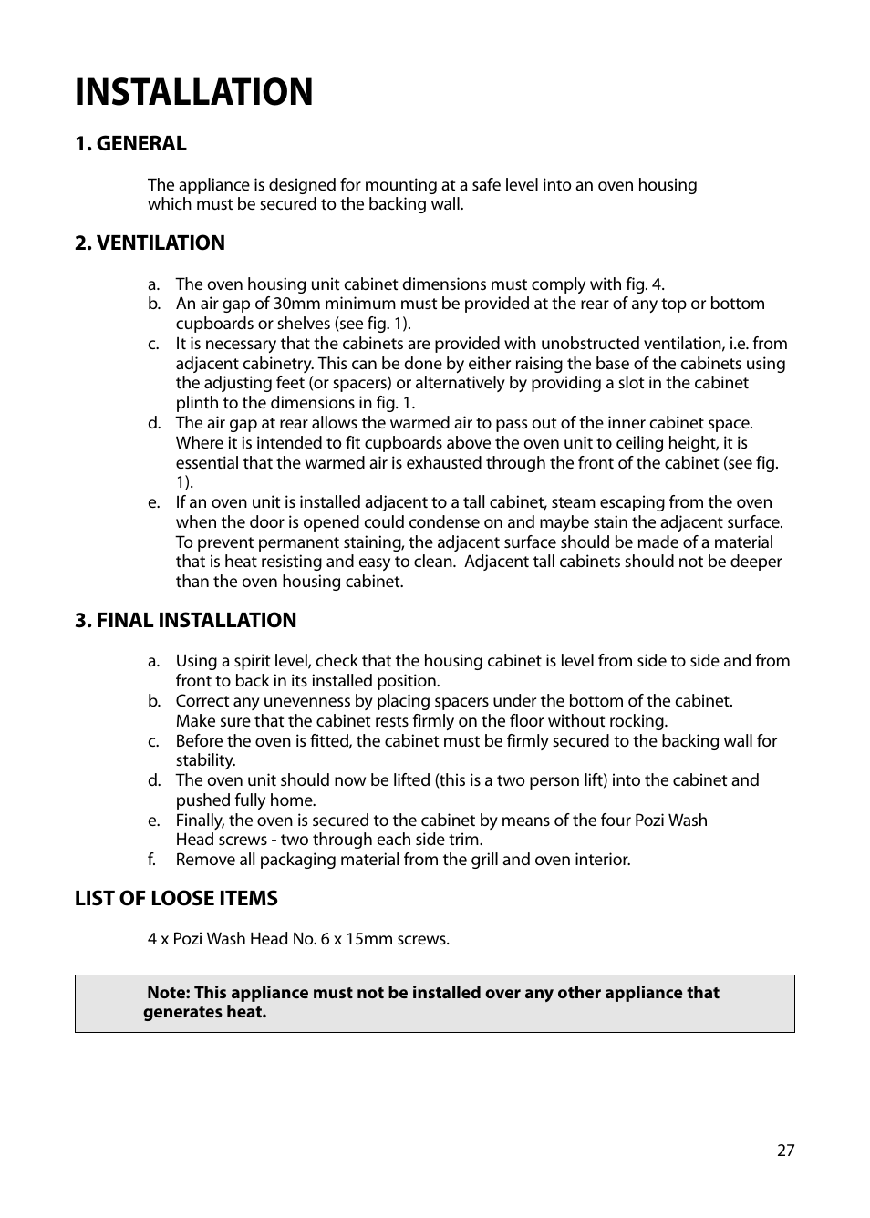 Installation | Hotpoint S230G DY230G User Manual | Page 27 / 36