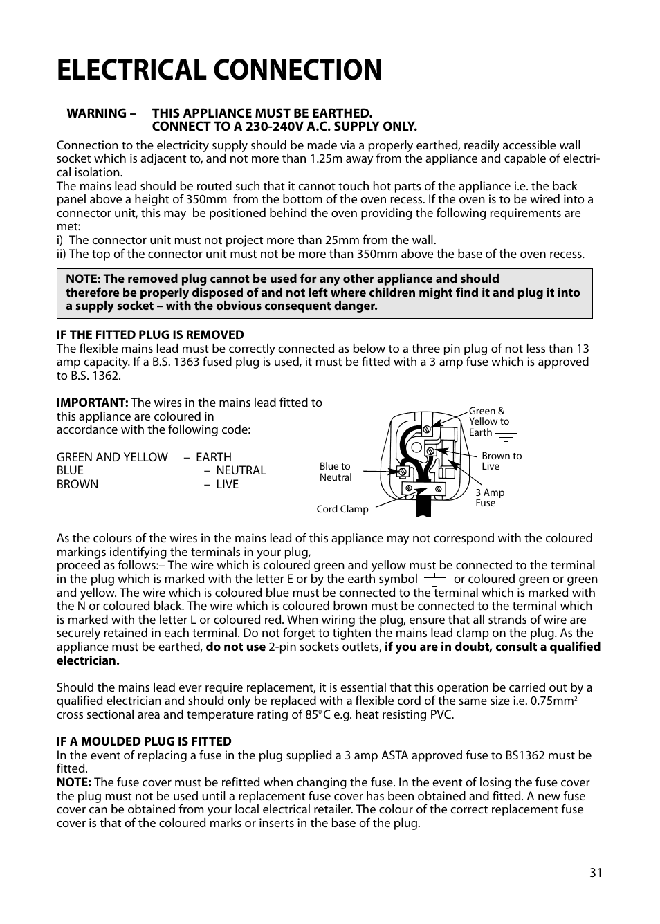 Electrical connection | Hotpoint S230G DY230G User Manual | Page 31 / 36