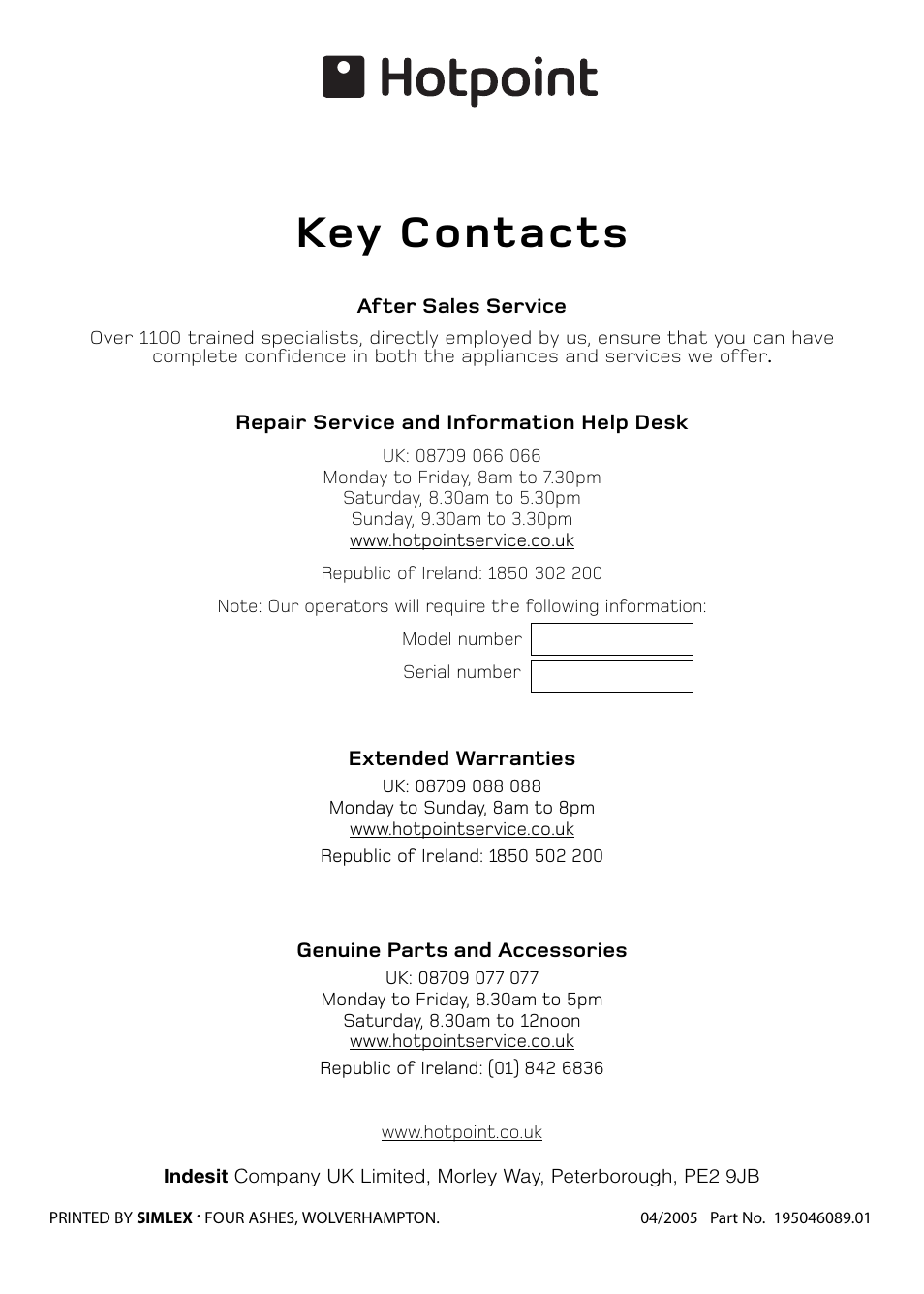 Key contacts | Hotpoint S230G DY230G User Manual | Page 36 / 36