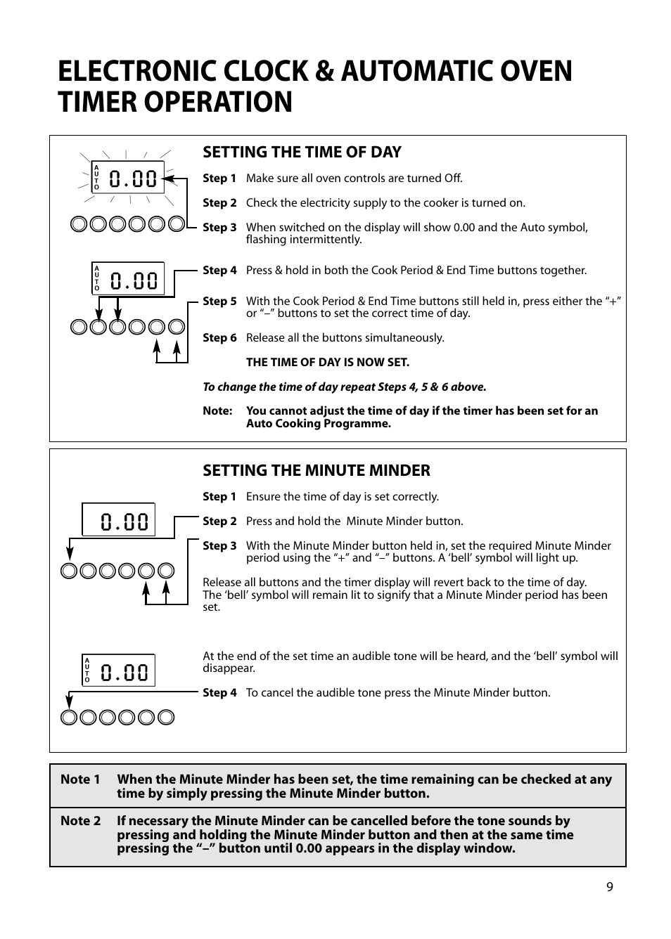 Electronic clock & automatic oven timer operation, Setting the time of day, Setting the minute minder | Hotpoint S230G DY230G User Manual | Page 9 / 36