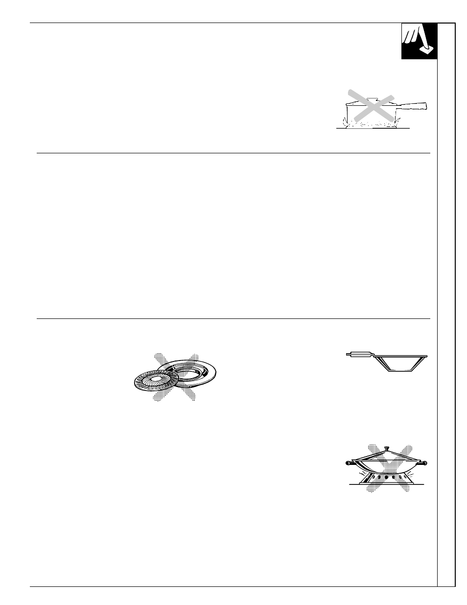 Cookware tips, Flame size, Surface cooking | How to select flame size, Top-of-range cookware, Stove top grills, Wok this way | Hotpoint RGB532 User Manual | Page 13 / 44