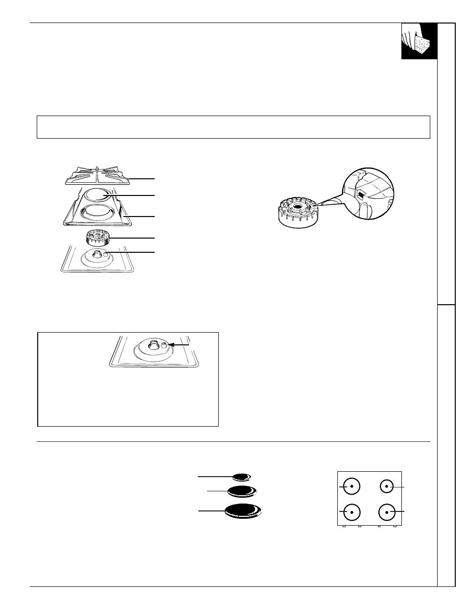 Care and cleaning, Br oiling car e and cleaning, Sealed burner assemblies | Burner heads, Burner caps | Hotpoint RGB532 User Manual | Page 23 / 44