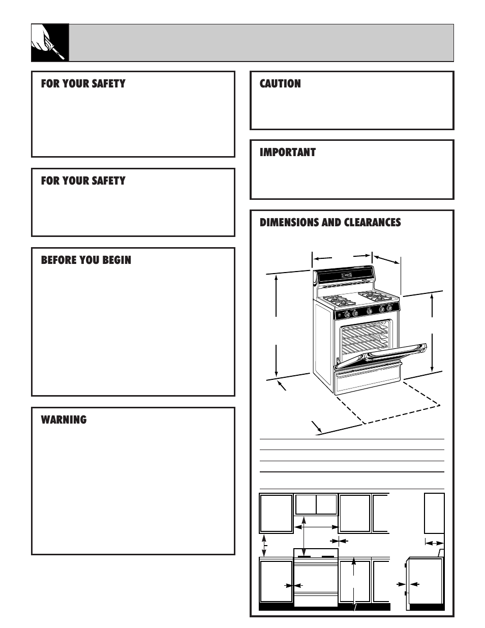 Installation instructions, 30 installation instructions, For your safety | Caution, Important, Before you begin, Dimensions and clearances, Warning | Hotpoint RGB532 User Manual | Page 30 / 44