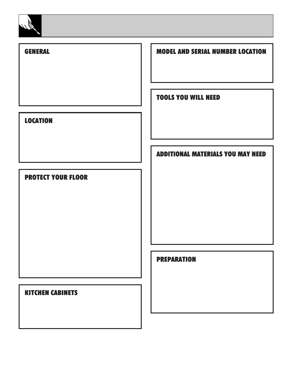 Flooring under range, 32 installation instructions, General | Location, Protect your floor, Model and serial number location, Tools you will need, Additional materials you may need, Preparation, Kitchen cabinets | Hotpoint RGB532 User Manual | Page 32 / 44