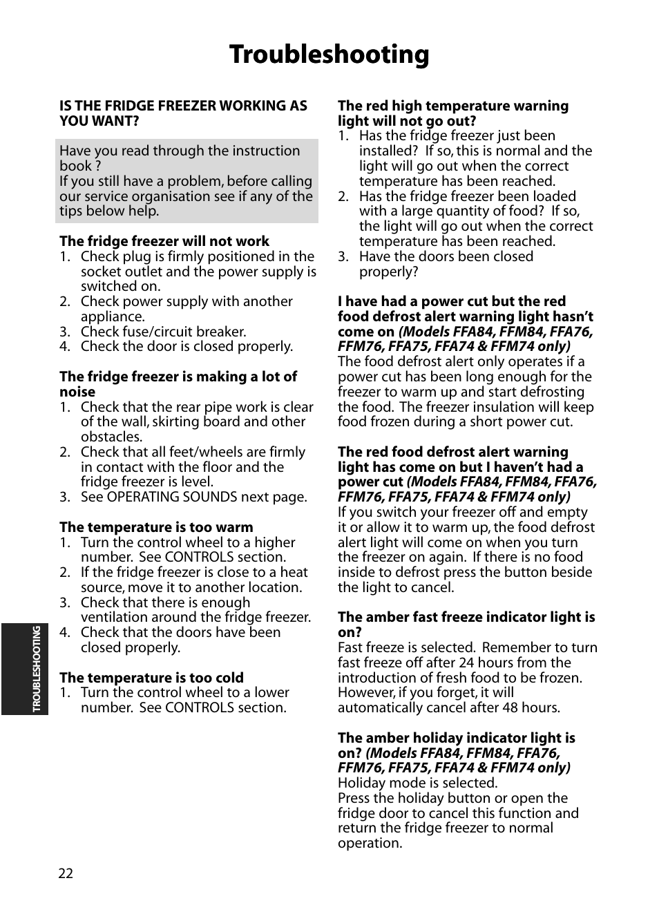 Troubleshooting | Hotpoint FFA76  EN User Manual | Page 22 / 28