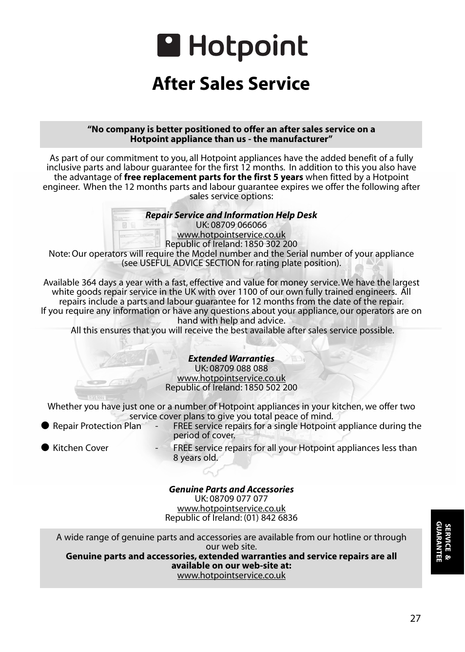 After sales service | Hotpoint FFA76  EN User Manual | Page 27 / 28