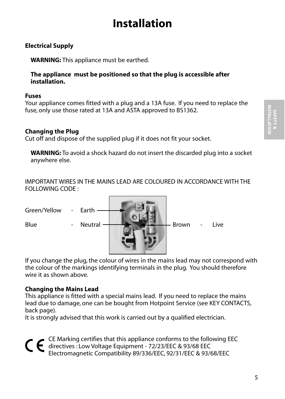 Installation | Hotpoint FFA76  EN User Manual | Page 5 / 28