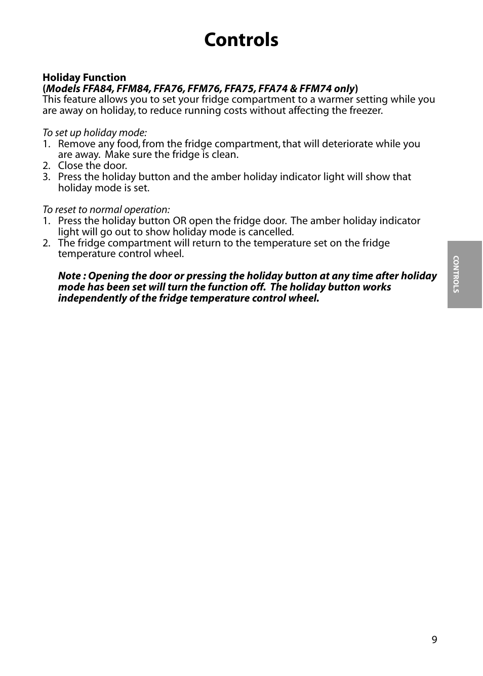 Controls | Hotpoint FFA76  EN User Manual | Page 9 / 28