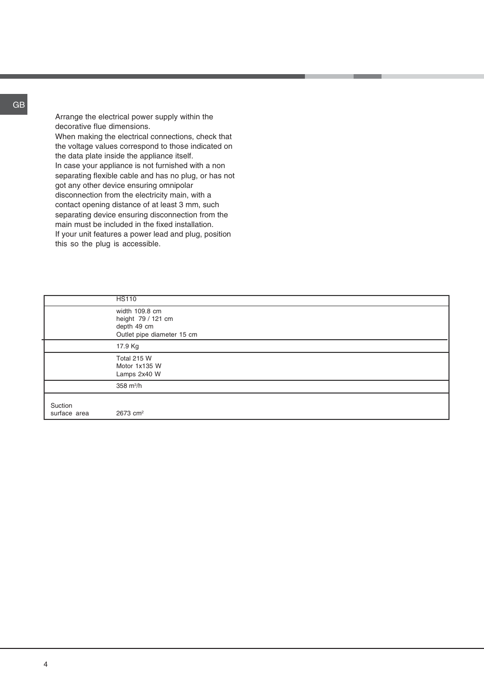 Technical information, Electrical connection, Technical data | Hotpoint HS 110 User Manual | Page 4 / 8