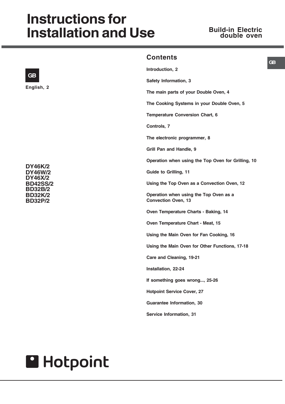 Hotpoint DY46X2 User Manual | 32 pages