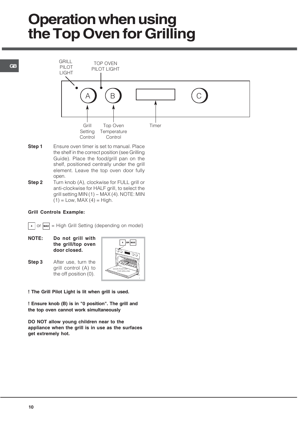 Operation when using the top oven for grilling, Ab c | Hotpoint DY46X2 User Manual | Page 10 / 32