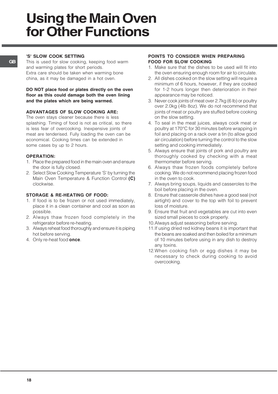 Using the main oven for other functions | Hotpoint DY46X2 User Manual | Page 18 / 32