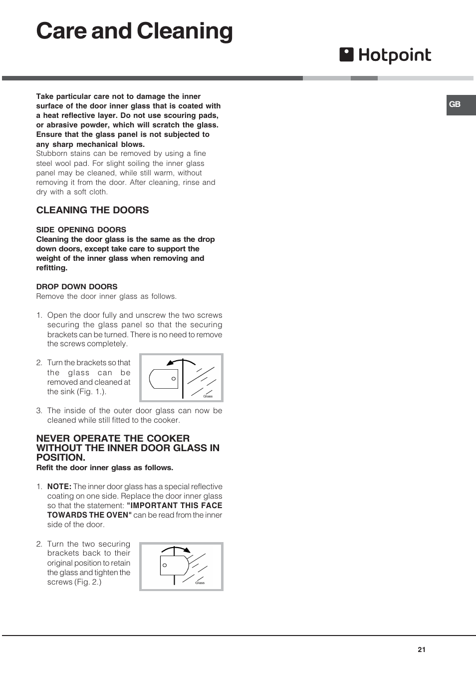 Care and cleaning | Hotpoint DY46X2 User Manual | Page 21 / 32