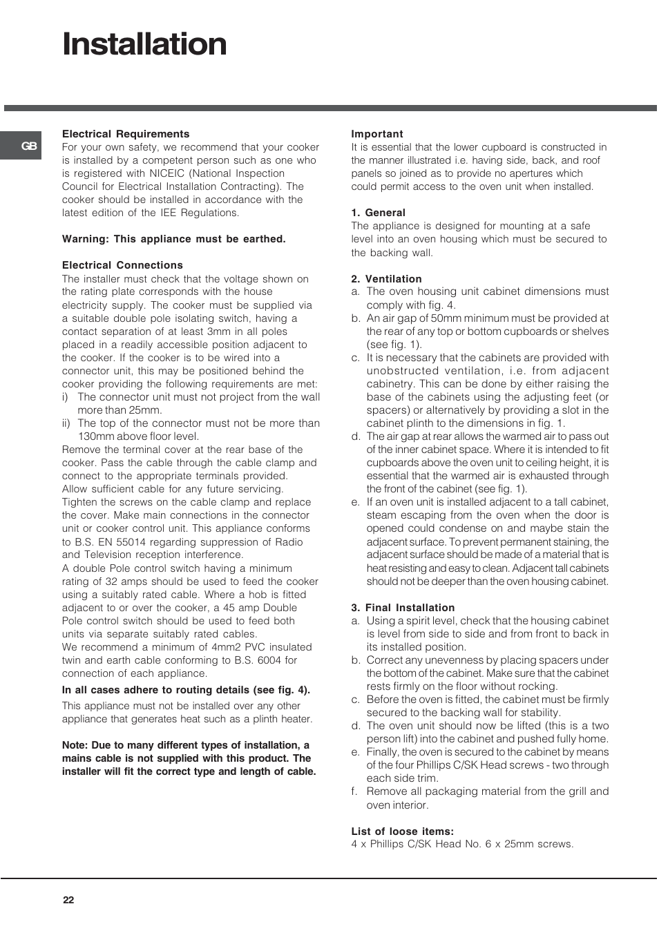 Installation | Hotpoint DY46X2 User Manual | Page 22 / 32