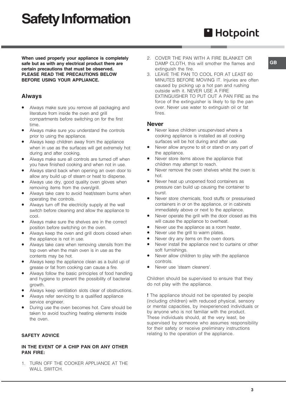 Safety information | Hotpoint DY46X2 User Manual | Page 3 / 32