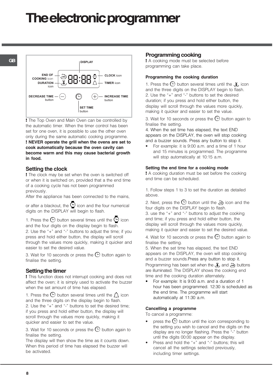 The electronic programmer, Setting the clock, Setting the timer | Programming cooking | Hotpoint DY46X2 User Manual | Page 8 / 32