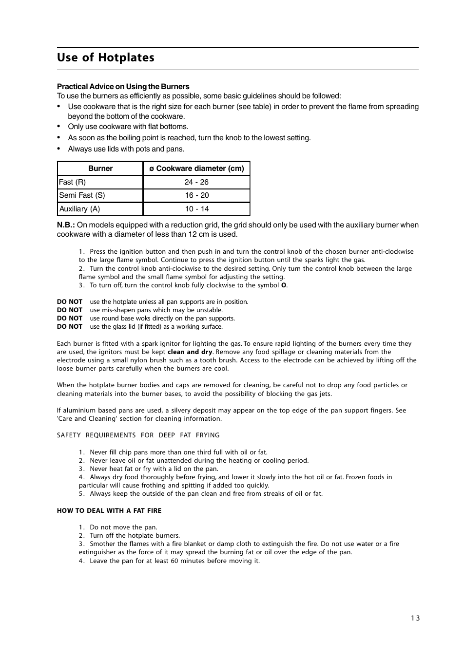 Use of hotplates | Hotpoint HW150GW User Manual | Page 13 / 24