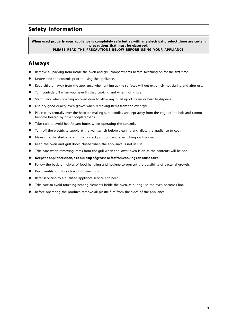 Safety information, Always | Hotpoint HW150GW User Manual | Page 9 / 24