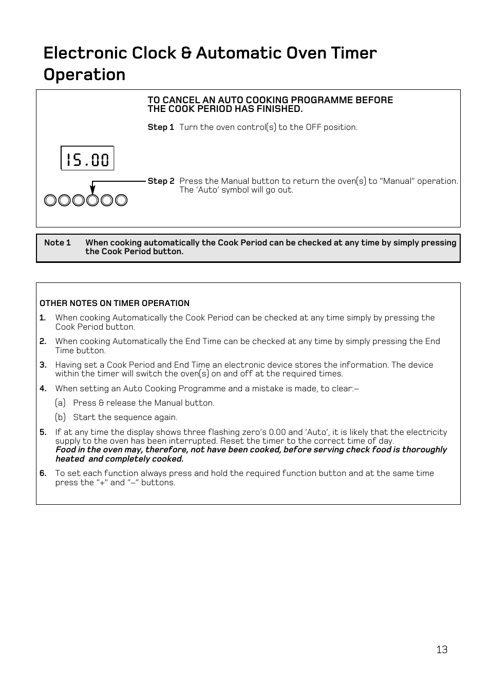 Electronic clock & automatic oven timer operation | Hotpoint UY46 Mk2 User Manual | Page 13 / 36