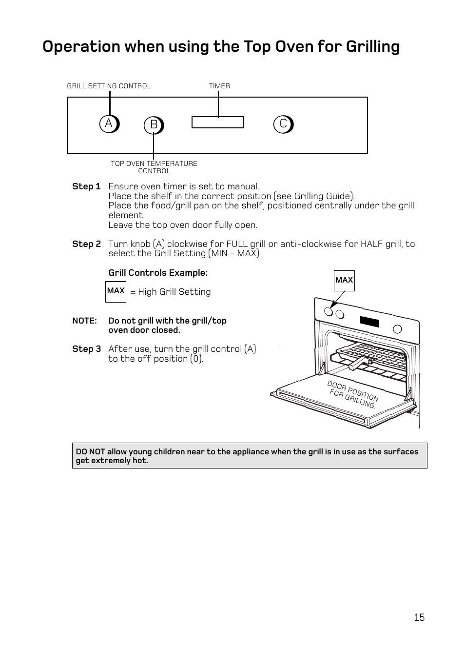 Operation when using the top oven for grilling, Ab c | Hotpoint UY46 Mk2 User Manual | Page 15 / 36