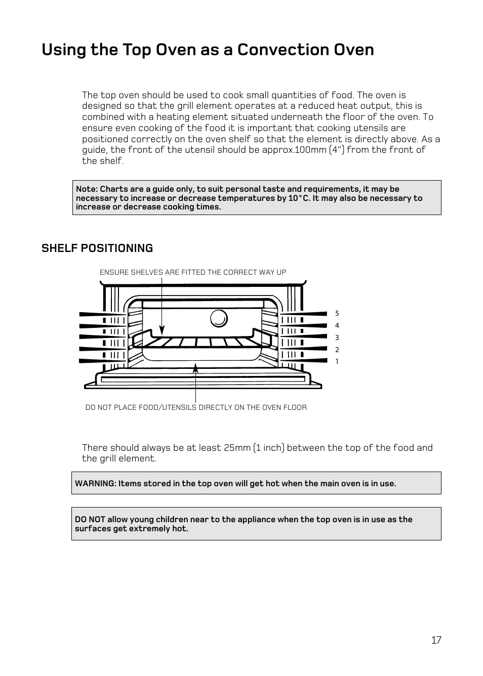 Using the top oven as a convection oven, Shelf positioning | Hotpoint UY46 Mk2 User Manual | Page 17 / 36